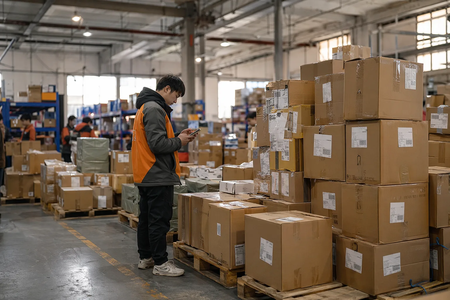 Paquetes de proveedores de 1688.com siendo consolidados en pallets en un almacén de un agente en China
