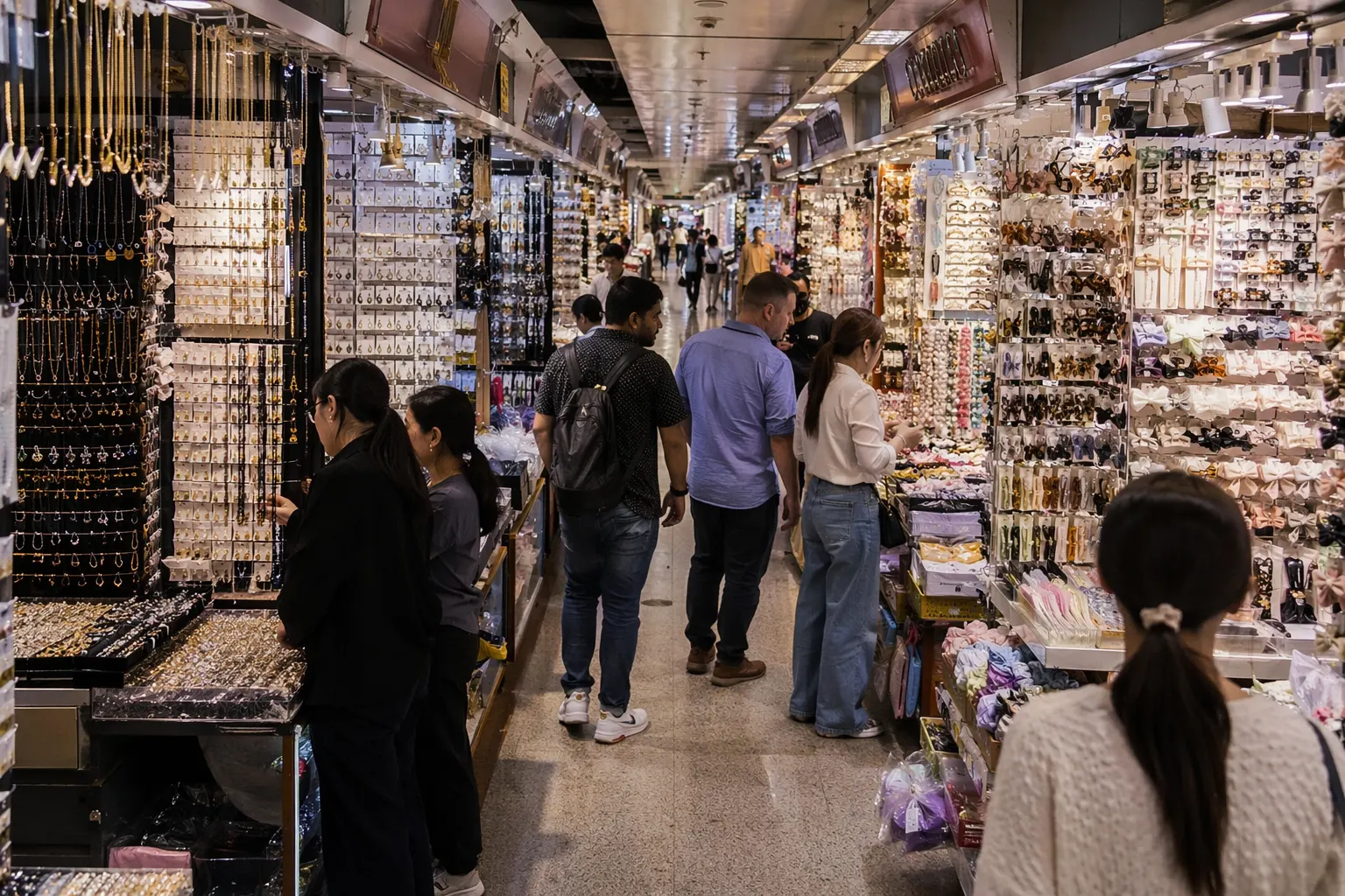 Pasillos de puestos de joyería y accesorios para el cabello dentro del Distrito 1 de Yiwu International Trade City