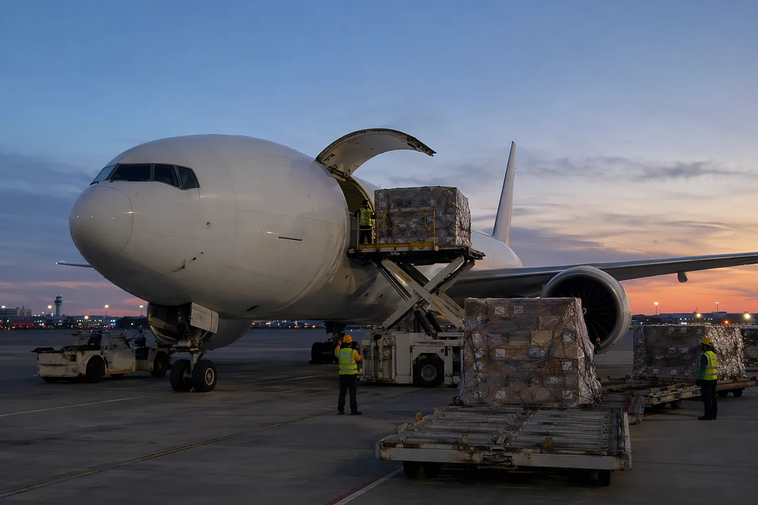 Avión de carga de fuselaje ancho siendo cargado con pallets de carga aérea en un aeropuerto chino al atardecer