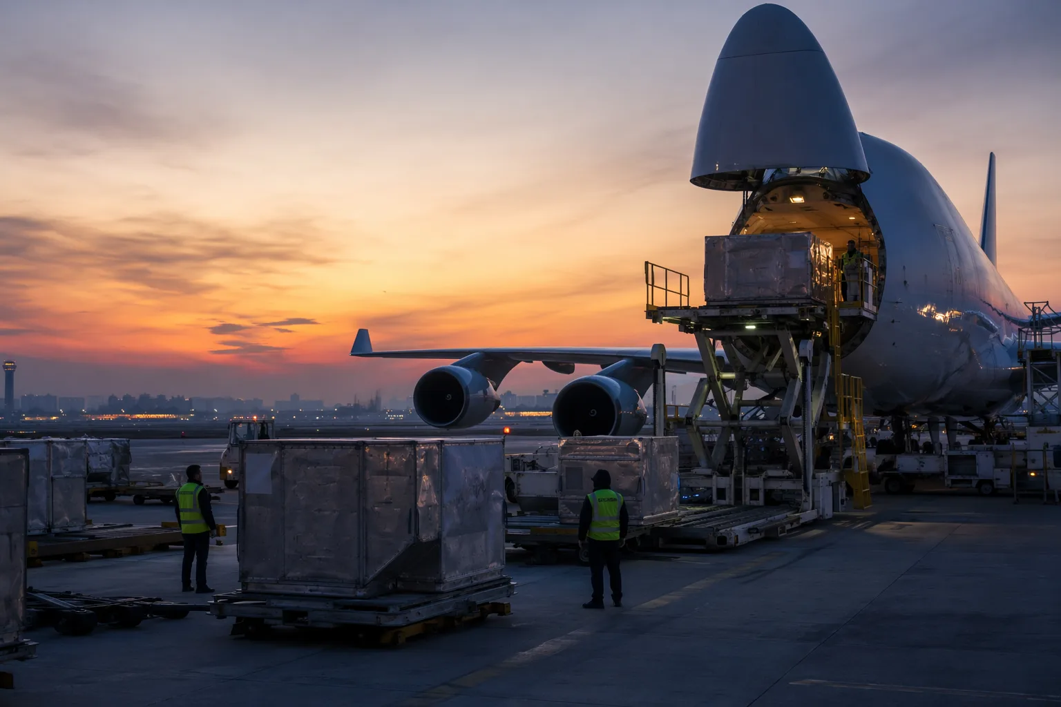 Carga aérea siendo embarcada en un avión carguero en el Aeropuerto Internacional de Beijing Capital al atardecer