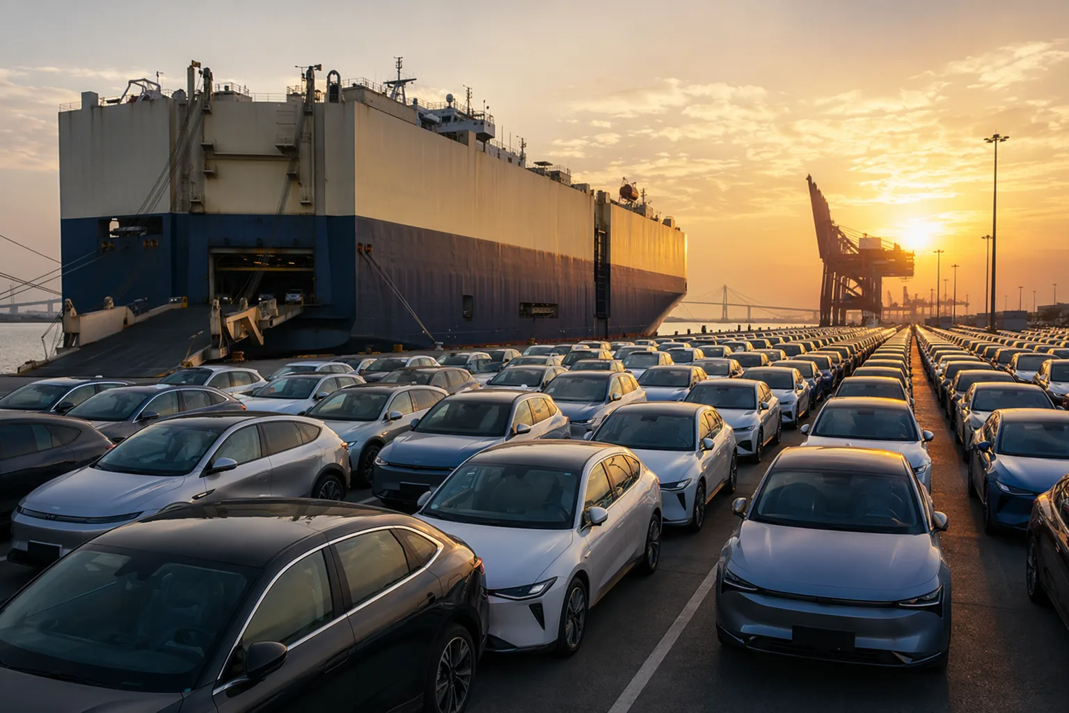 Filas de autos chinos nuevos alineados junto a un buque RoRo para vehículos en el puerto de Guangzhou Nansha