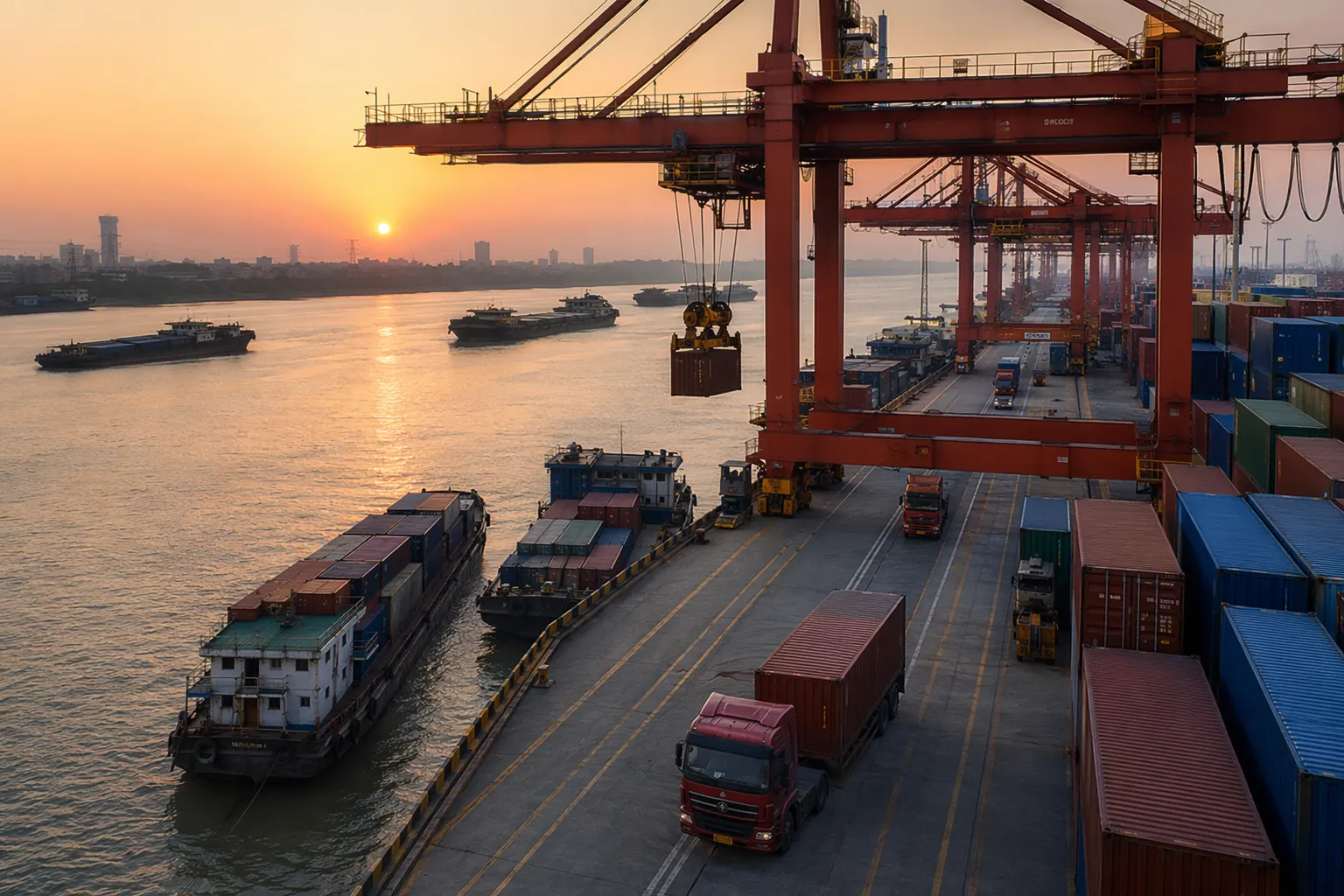 Camiones portacontenedores y grúas pórtico en el Nuevo Puerto de Changsha, sobre el río Xiangjiang, con barcazas cargando para el alimentador hacia el Yangtsé