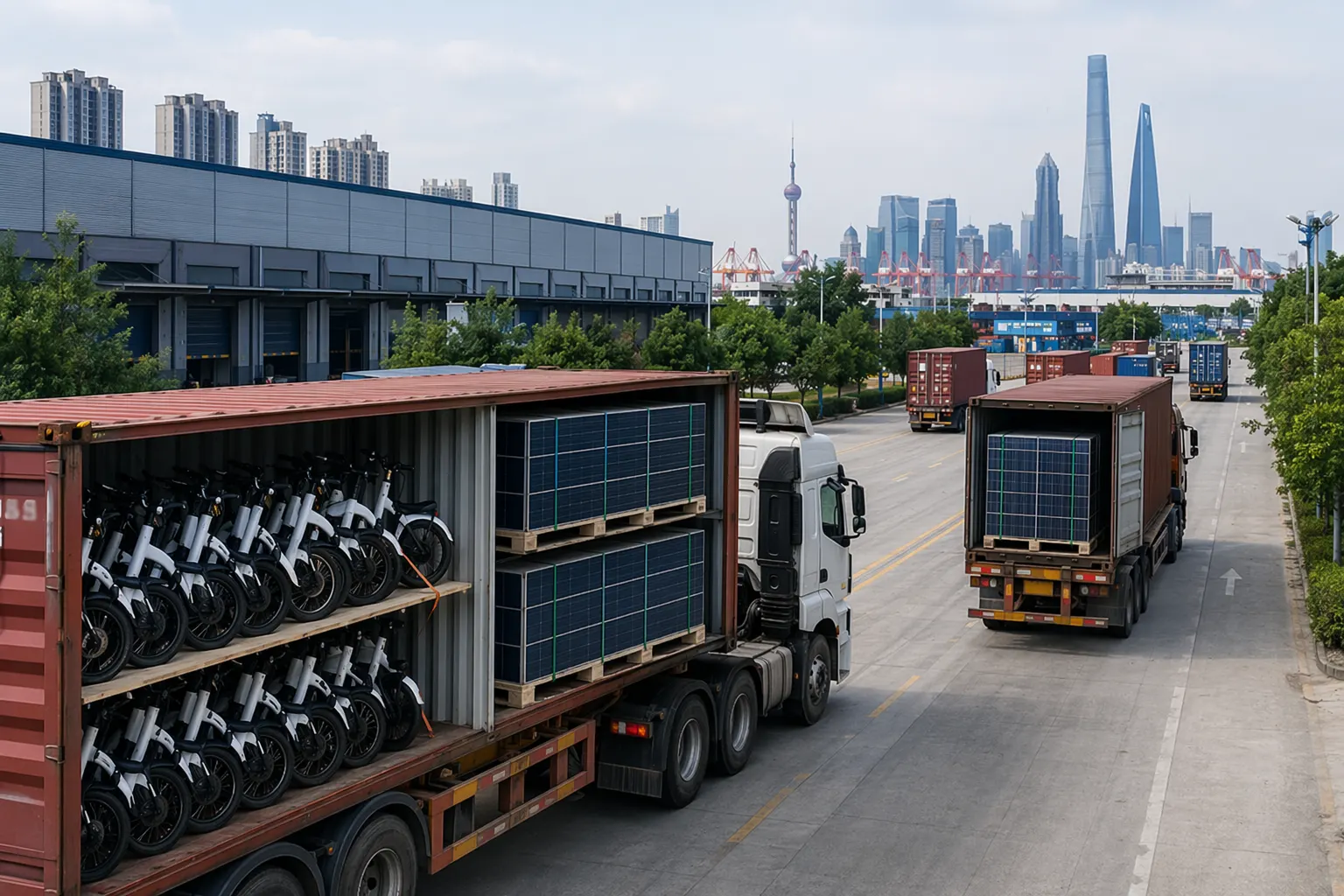 Contenedores de e-bikes y módulos solares transportados en camión desde una fábrica en Changzhou hacia el puerto de Shanghái