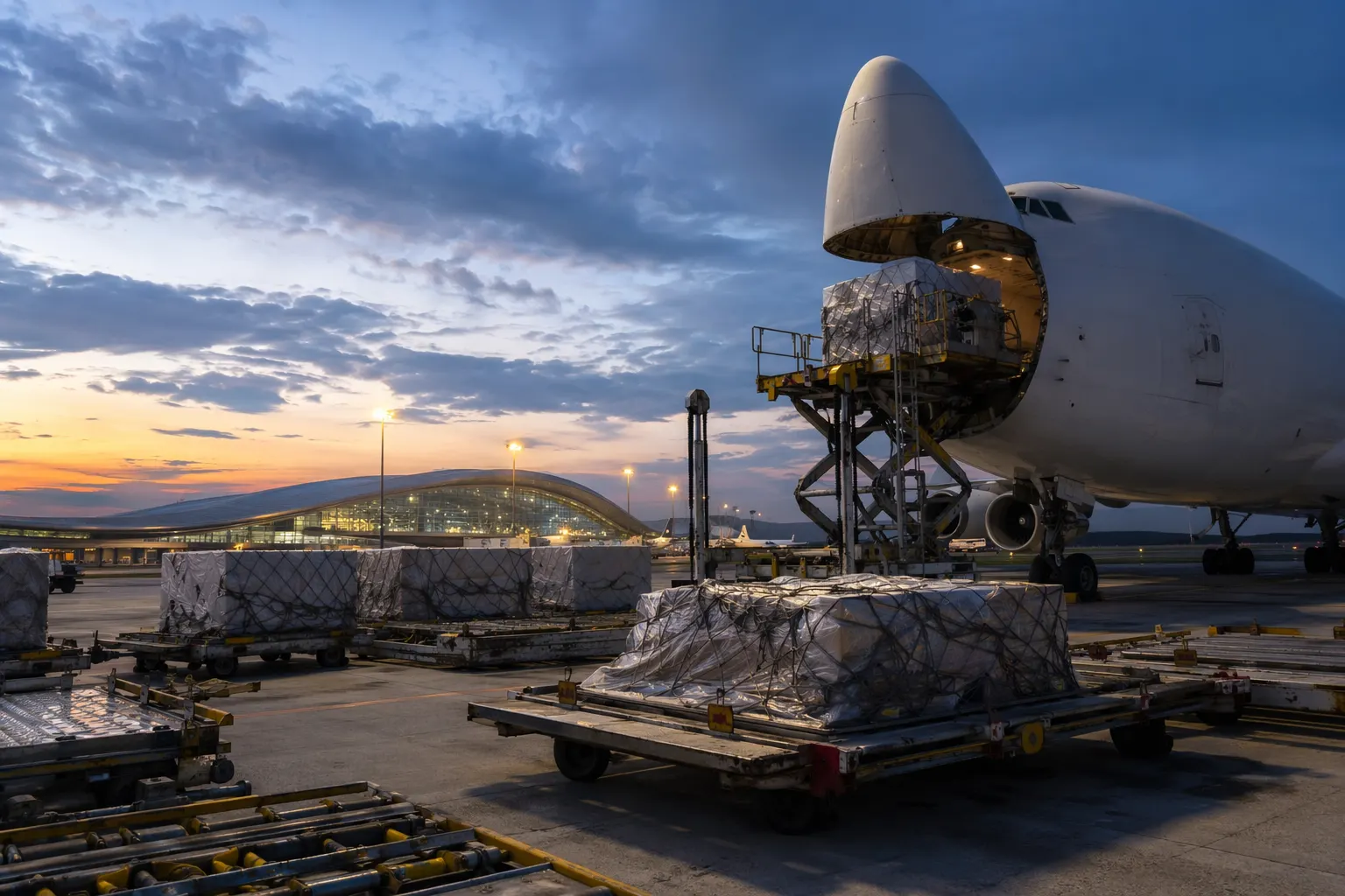 Carguero de carga aérea siendo cargado en el Aeropuerto Internacional Tianfu de Chengdu con contenedores en primer plano