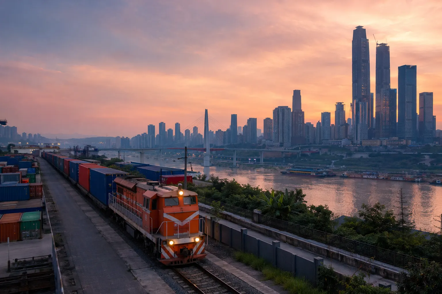 Tren de carga China–Europa cargado con contenedores saliendo de la terminal ferroviaria Tuanjiecun de Chongqing, con el río Yangtsé y el skyline de la ciudad detrás