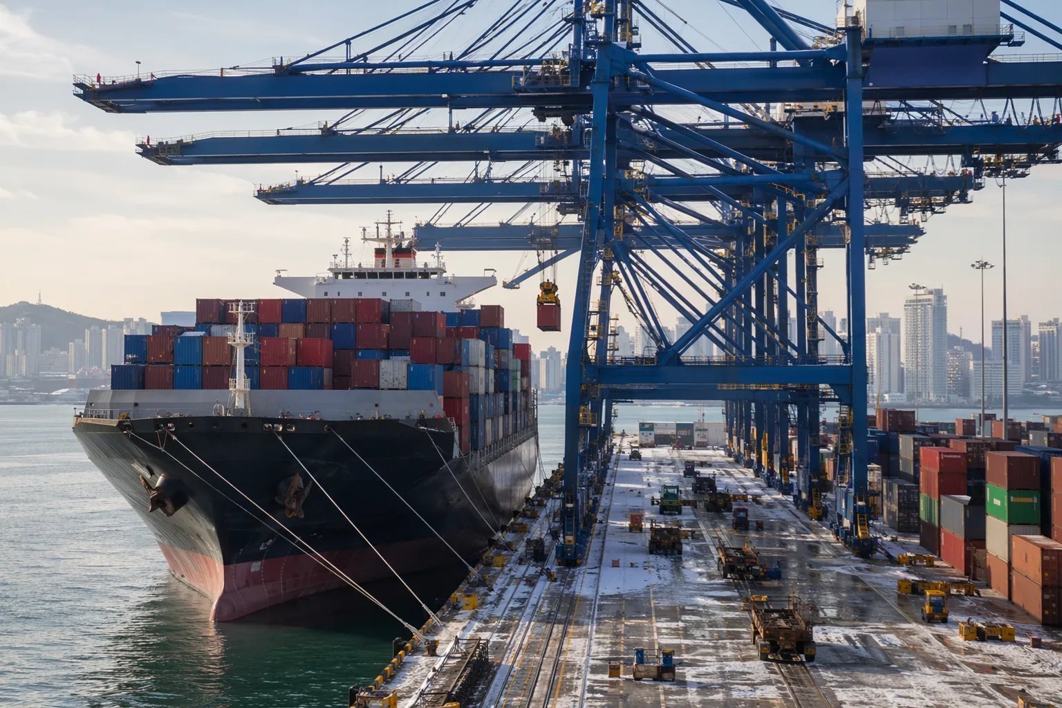 Buque portacontenedores siendo cargado en la terminal Dayao Bay, Puerto de Dalian, con grúas pórtico bajo un cielo invernal