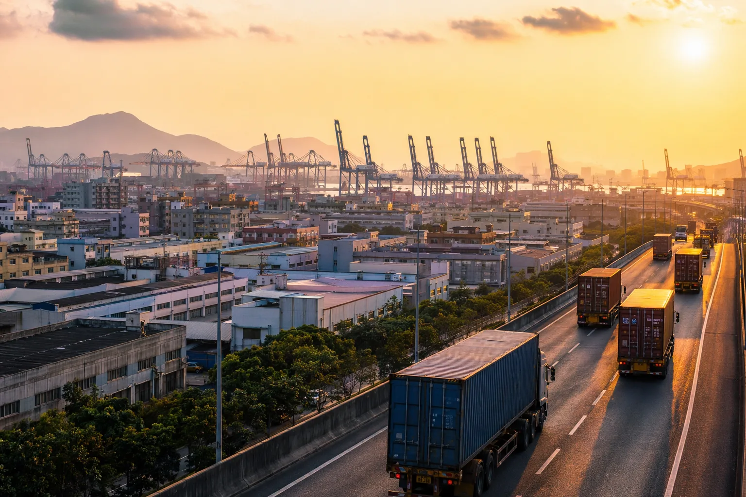 Camiones contenedores saliendo de un distrito fabril de Dongguan por la autopista hacia el puerto de Yantian en Shenzhen