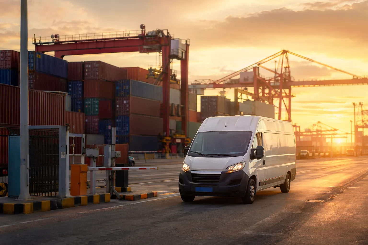 Camioneta de mensajería saliendo de una terminal de contenedores en China para la entrega final a domicilio