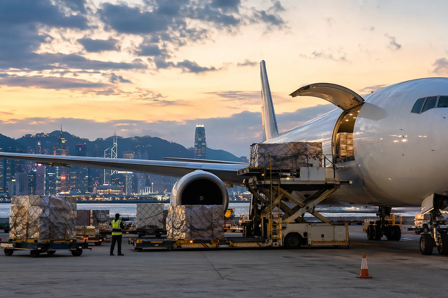 Carga de mensajería exprés siendo embarcada en el Aeropuerto Internacional de Hong Kong con el skyline de la ciudad detrás