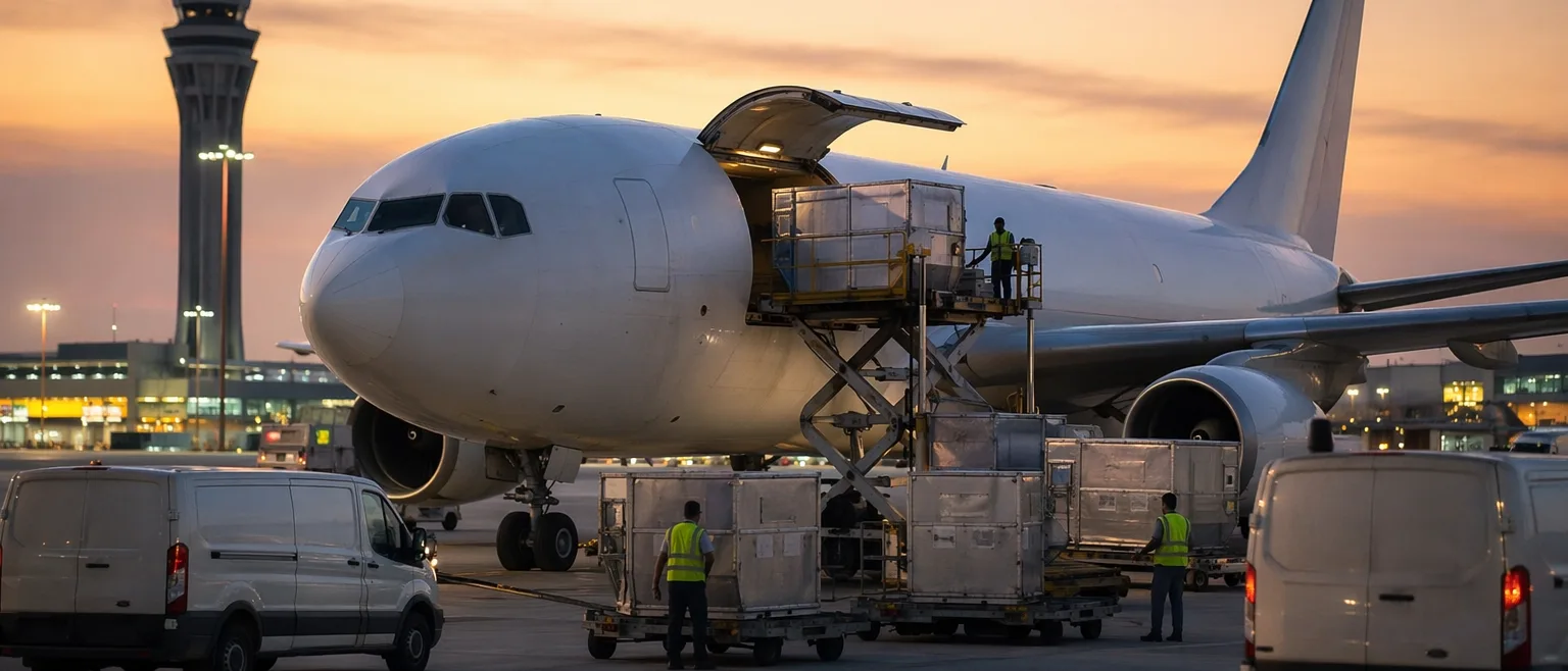 Avión de carga de mensajería exprés siendo cargado con paquetes en un aeropuerto chino al atardecer