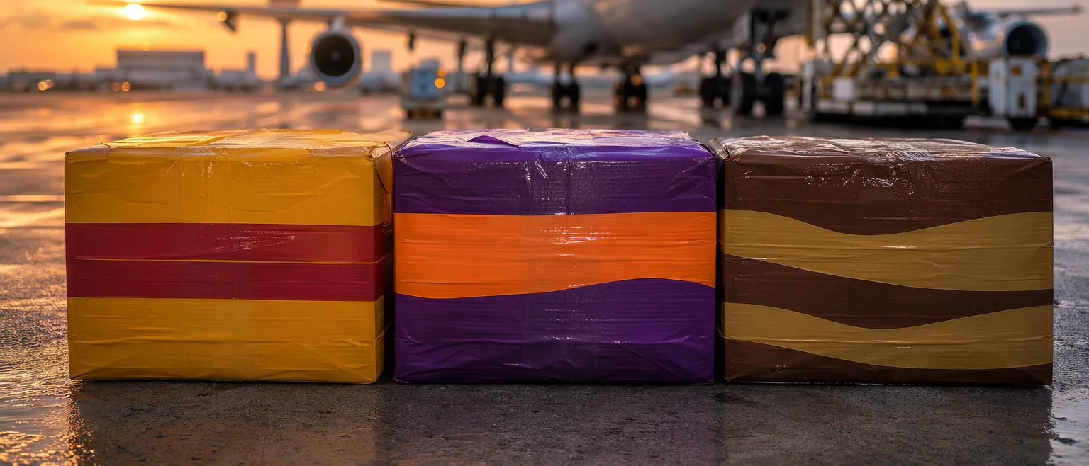 Paquetes exprés de DHL, FedEx y UPS frente a aviones de carga en un aeropuerto chino