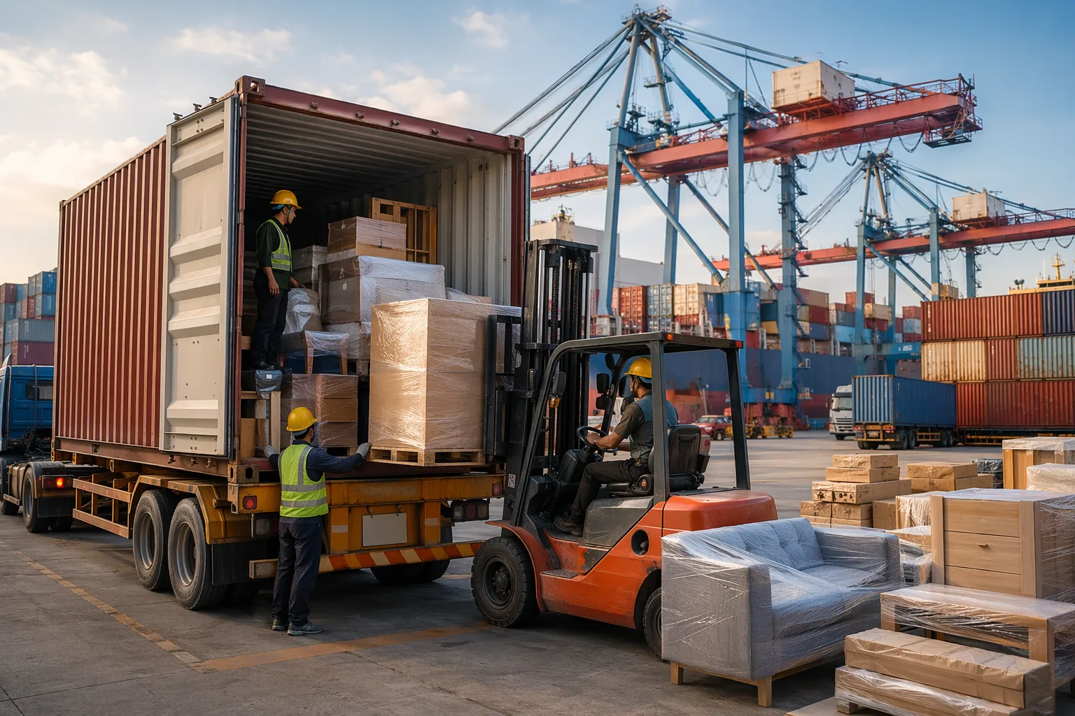 Camiones contenedores cargando muebles en el puerto de Nansha cerca de Foshan, Delta del Río Perla