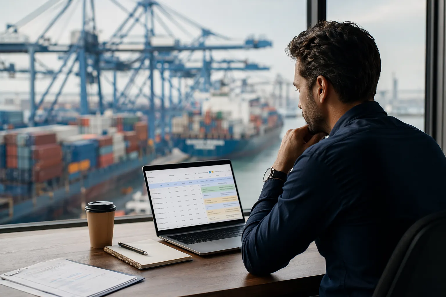 Importador comparando cotizaciones instantáneas de flete en una laptop, con operaciones de puerto de contenedores al fondo