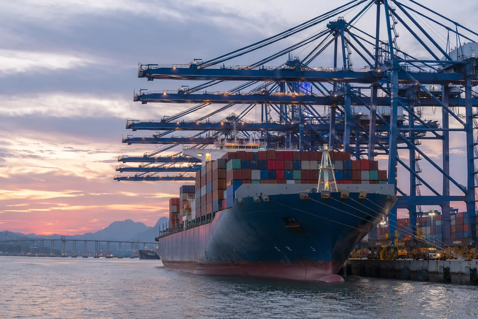 Buque portacontenedores siendo cargado en la terminal de aguas profundas de Jiangyin en la bahía de Fuqing, Fuzhou