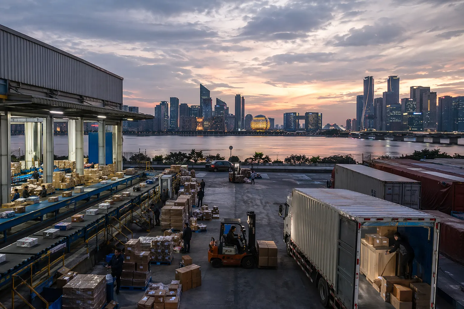 Horizonte de Hangzhou a lo largo del río Qiantang con un almacén logístico de comercio electrónico transfronterizo en primer plano