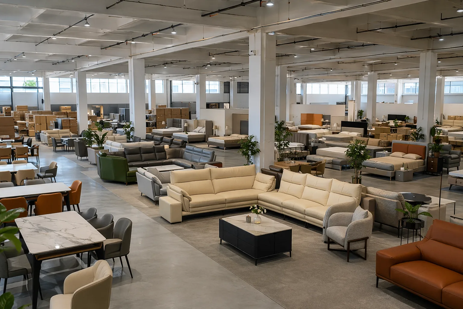 Sala de exposición moderna de muebles en Lecong, Foshan, con sofás y comedores para compradores mayoristas