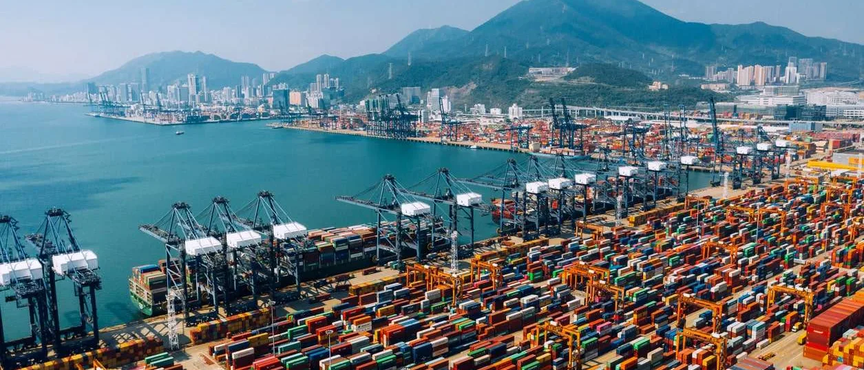 Terminal de contenedores en el puerto de Ningbo-Zhoushan con grúas pórtico cargando un buque portacontenedores al anochecer