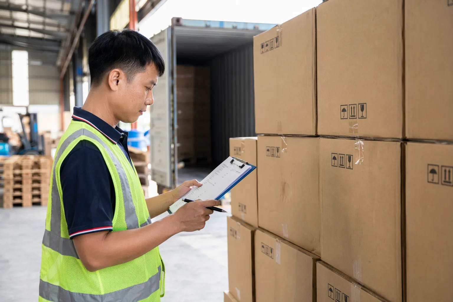 Operario de almacén verificando cajas de exportación marcadas contra una lista de empaque en un almacén de exportación en China