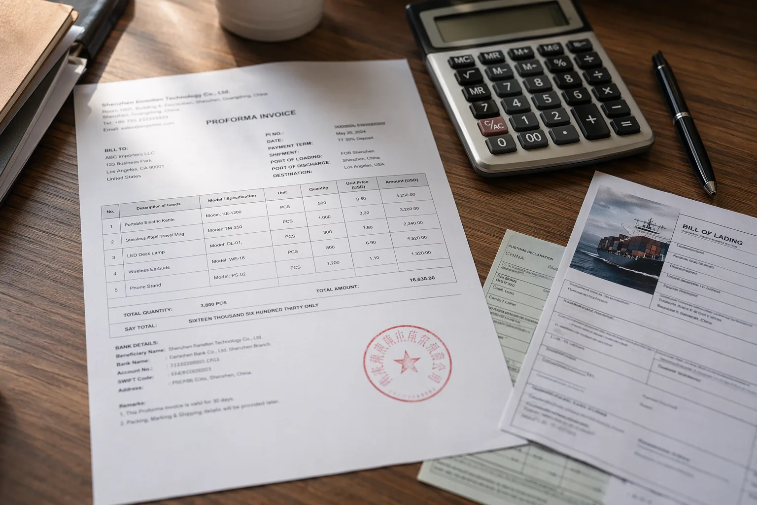 Importador revisando una proforma de un proveedor chino antes de pagar un anticipo