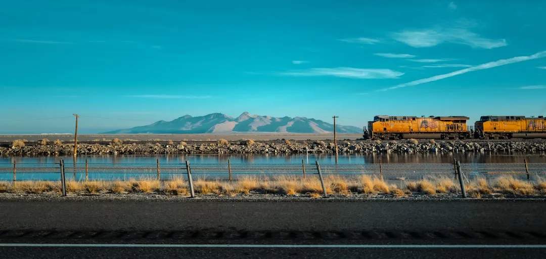 Tren de mercancías circulando a través de un paisaje montañoso junto a un lago