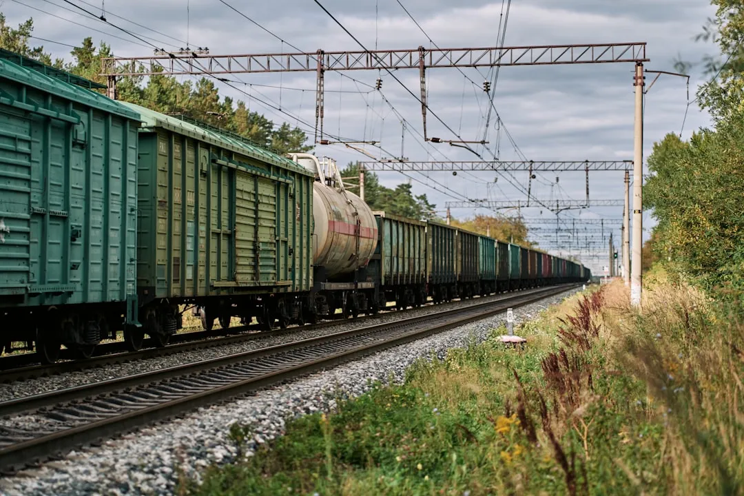 Tren de mercancías circulando a lo largo de una línea férrea electrificada
