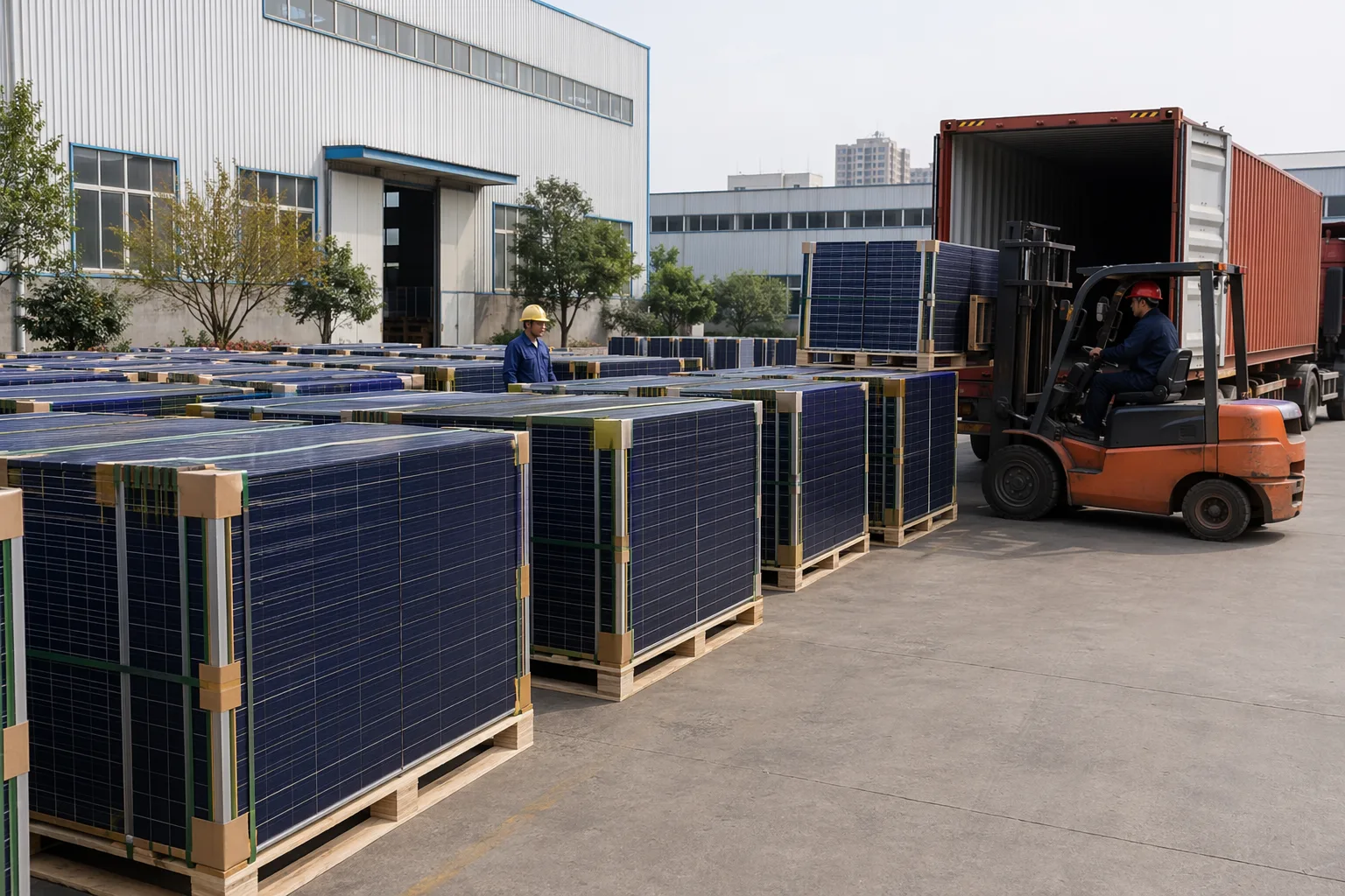 Filas de paneles solares terminados apilados para exportación en una fábrica china, con pallets preparados para la carga en contenedor