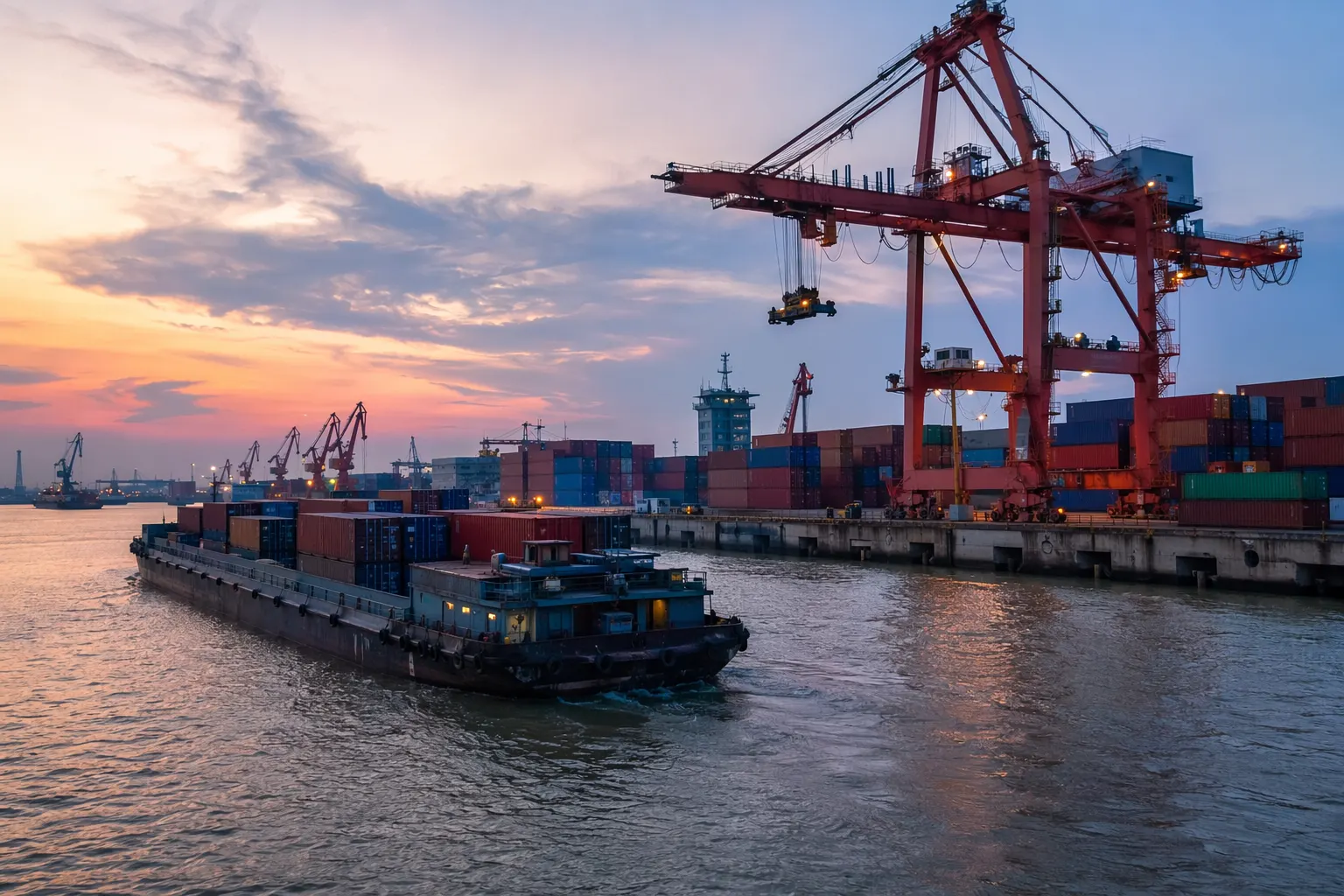 Gabarra portacontenedores pasando por grúas pórtico en el puerto de Taicang en el río Yangtsé cerca de Suzhou al anochecer