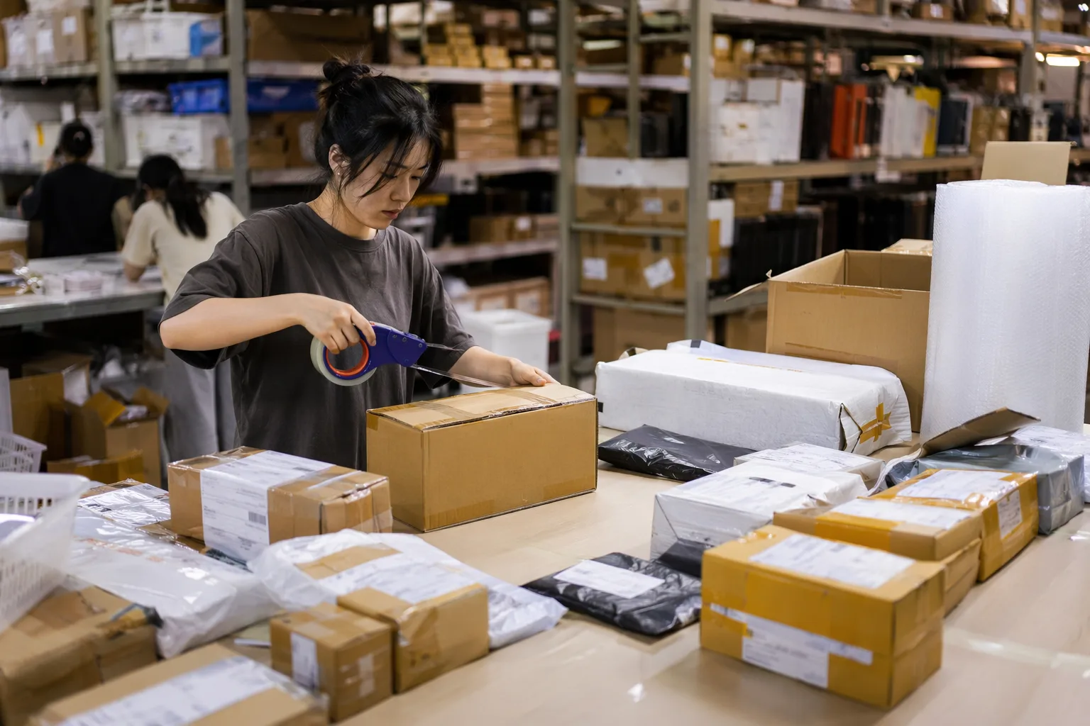 Paquetes de múltiples vendedores de Taobao consolidados en una mesa de clasificación en el almacén de un agente en China