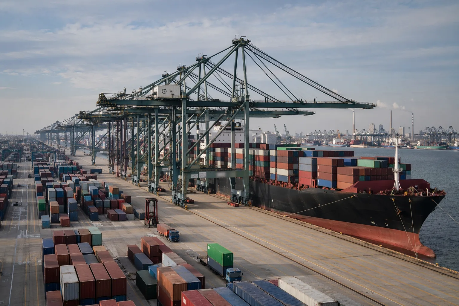Terminal de contenedores en el Puerto de Tianjin con pórticos cargando un buque portacontenedores