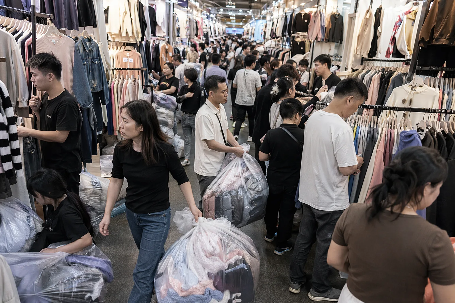 Filas de ropa al por mayor y bolsas de muestras abarrotando un pasillo dentro de un mercado mayorista de ropa en Guangzhou