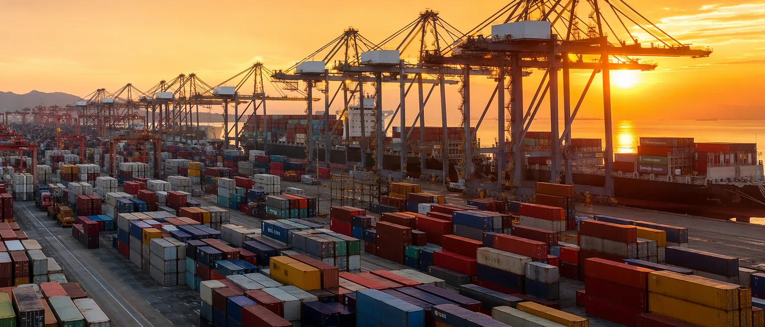 Puerto de contenedores en China con contenedores de exportación apilados — donde comienza el viaje de los bienes de sitios mayoristas chinos