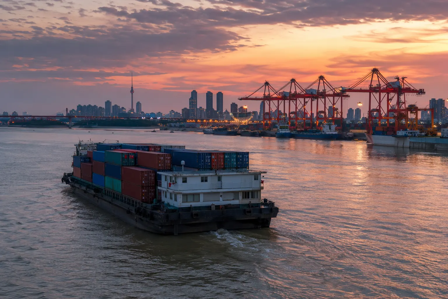 Gabarra portacontenedores en el río Yangtsé pasando por la terminal de Yangluo en Wuhan con pórticos grúa al atardecer