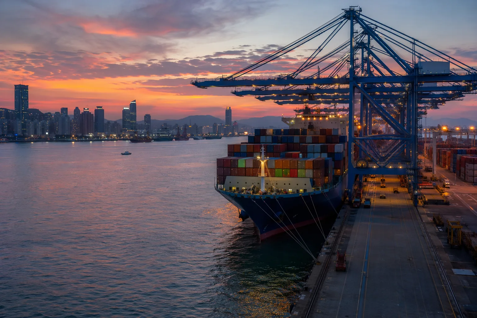 Buque portacontenedores atracado bajo grúas pórtico en el puerto de Xiamen sobre el Estrecho de Taiwán al atardecer