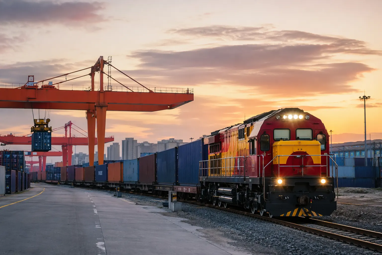 Tren de carga China–Europa cargado con contenedores saliendo del puerto seco internacional de Xi'an